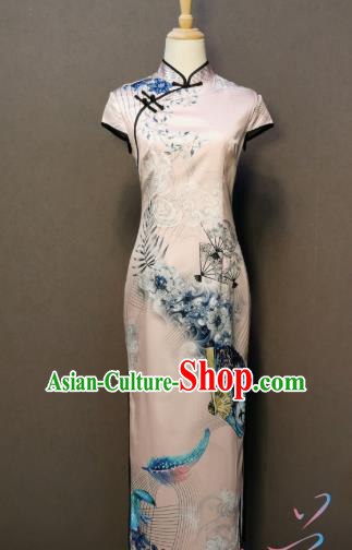 China Printing White Silk Qipao Dress Shanghai Traditional Cheongsam Classical Dance Costume