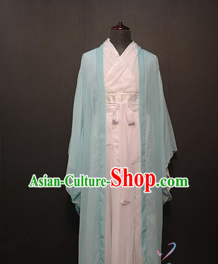 China Ancient Swordsman Clothing Drama Han Dynasty Scholar Costume Blue Cape and White Robe