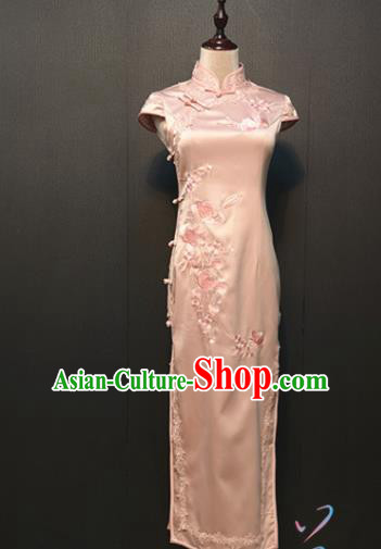 Republic of China Shanghai Qipao Dress Drama Performance Classical Dance Clothing Embroidered Pink Silk Cheongsam