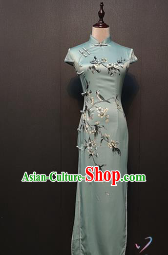 Custom Printing Pear Blossom Green Silk Cheongsam Drama Performance Clothing Republic of China Classical Shanghai Qipao Dress