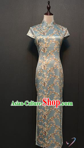 Custom Catwalks Cheongsam Drama Performance Classical Dance Clothing Republic of China Printing Light Blue Qipao Dress