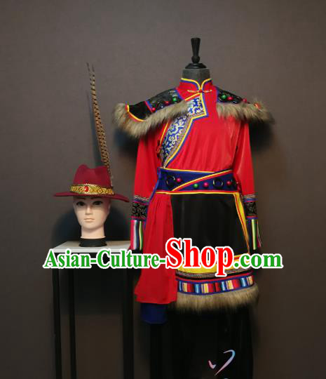 Custom China Pumi Ethnic Clothing Traditional Minority Folk Dance Costumes Nationality Men Red Robe and Pant with Hat