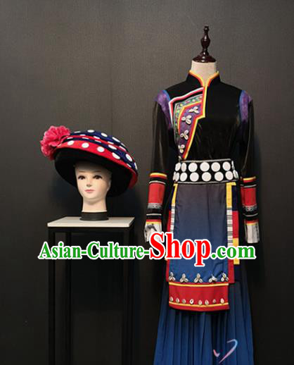Custom China Tujia Ethnic Female Clothing Traditional Minority Women Costumes Hani Nationality Folk Dance Outfits and Hat