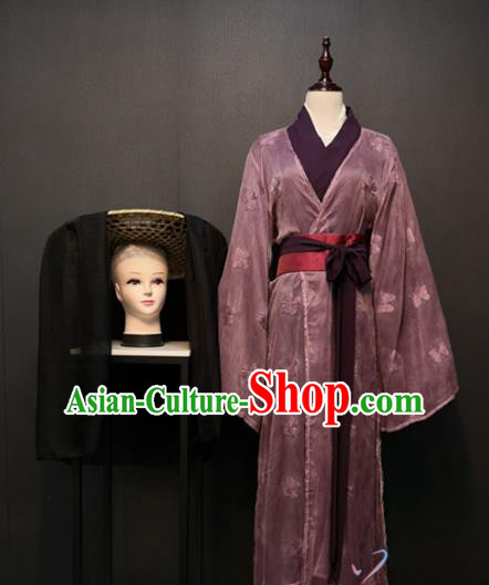 Chinese Song Dynasty Female Swordsman Clothing Traditional Stage Performance Purple Dress Ancient Women Costume and Bamboo Hat
