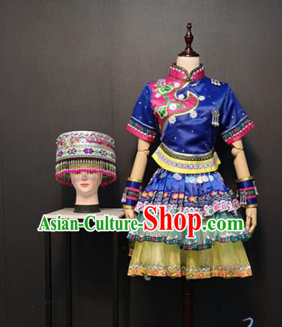 Custom Miao Nationality Blue Blouse and Short Skirt China Ethnic Woman Clothing Traditional Minority Dance Costumes and Headwear