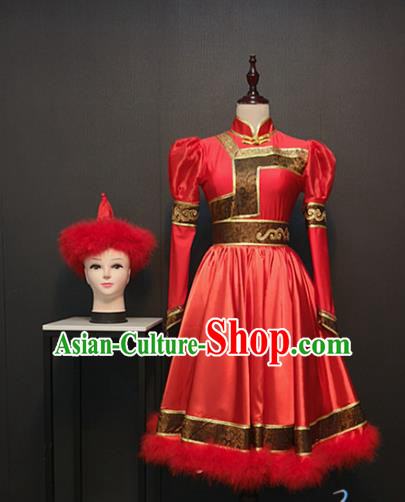Custom China Mongolian Ethnic Clothing Mongol Nationality Folk Dance Red Dress Traditional Minority Costumes and Hat