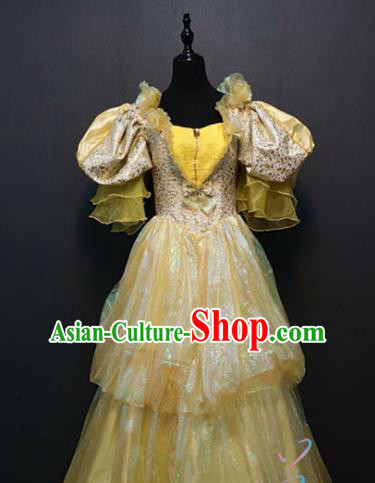 Top Grade Cosplay Princess Yellow Dress Drama Performance Costume Europe Court Full Dress
