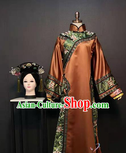 Traditional Drama Story of Yanxi Palace China Qing Dynasty Empress Costume Ancient Queen Fucha Brown Dress Clothing and Headdress