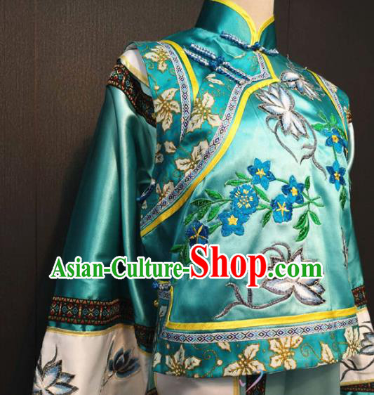 China Ancient Manchu Princess Blue Mandarin Jacket and Qipao Dress Qing Dynasty Court Costume Traditional Drama Stage Performance Clothing