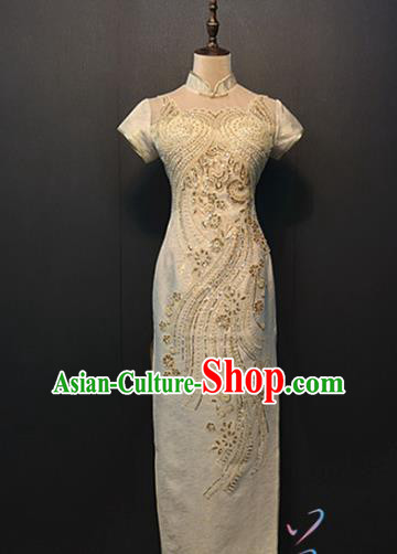 Bride Classical Cheongsam Custom Stage Performance Clothing Compere Embroidered Beige Qipao Dress
