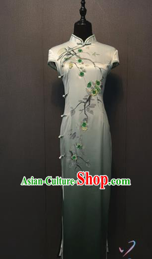 Custom Shanghai Women Clothing Republic of China Traditional Silk Cheongsam Classical Embroidered Plum Blossom Light Green Qipao Dress