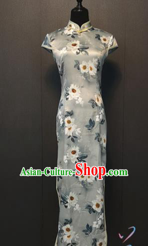 Traditional Printing Camellia Grey Silk Cheongsam Republic of China Shanghai Women Clothing Custom Classical Qipao Dress
