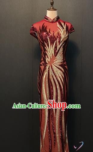 Traditional Embroidered Red Sequins Cheongsam Annual Meeting Clothing Compere Qipao Dress