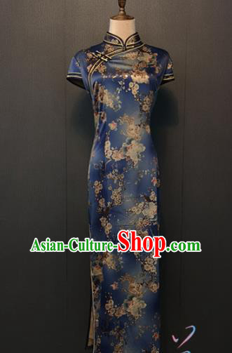 Custom China Compere Printing Pear Flowers Deep Blue Silk Qipao Dress Traditional Cheongsam Annual Meeting Clothing