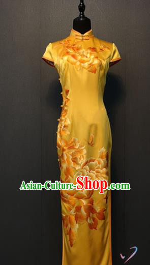 Custom Shanghai Golden Silk Qipao Dress China Traditional Compere Classical Cheongsam New Year Stage Performance Clothing
