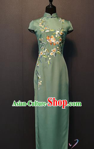 Custom Embroidered Plum Birds Green Silk Qipao Dress China Traditional Classical Cheongsam Shanghai Compere Clothing