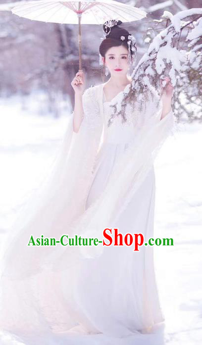 Traditional Chinese Tang Dynasty Royal Princess Costumes Ancient Goddess White Hanfu Dress and Hair Accessories Complete Set