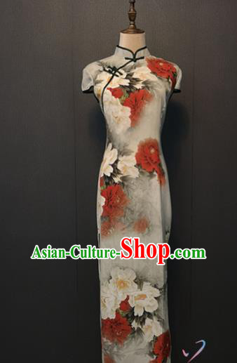 Custom Classical Qipao Dress Republic of China Women Clothing Shanghai Printing Peony White Silk Cheongsam