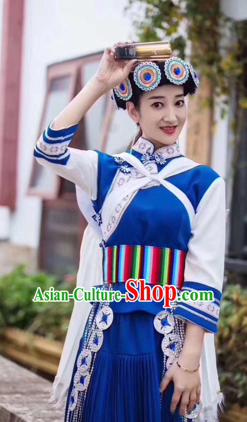 Custom China Yunnan Ethnic Folk Dance Clothing Traditional Nahsi Minority Costumes Naxi Nationality Wedding Apparels and Headwear