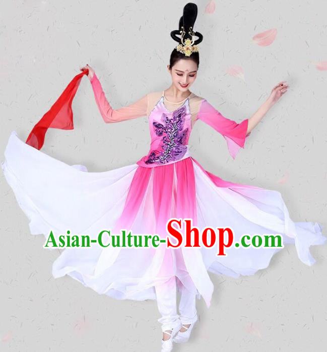 China Classical Dance Pink Dress Traditional Fan Dance Costume Dance Competition Performance Clothing and Headwear