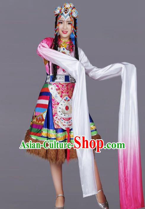 Custom China Zang Ethnic Dance Clothing Traditional Minority Dress Tibetan Nationality Water Sleeve Costumes and Headwear
