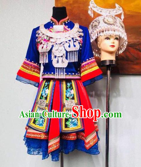 Custom China Hmong Ethnic Dance Clothing Traditional Xiangxi Minority Dress Miao Nationality Costumes Blue Blouse and Short Skirt and Hat