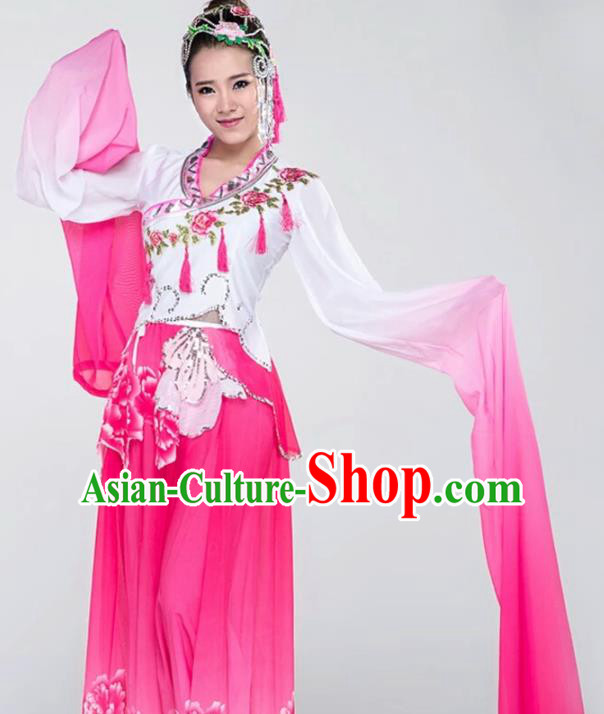 China Water Sleeve Dance Costume Traditional Spring Festival Gala Classical Dance Clothing Fan Dance Rosy Dress and Headpieces
