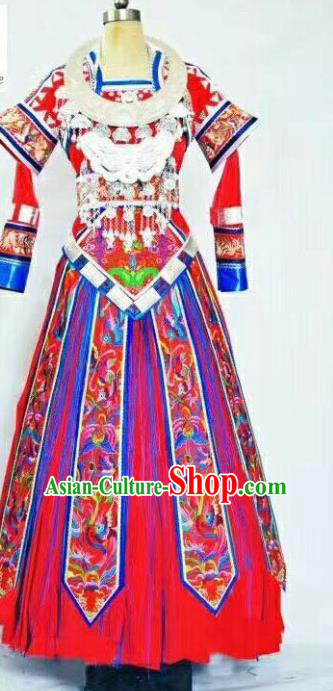 Custom China Miao Ethnic Wedding Clothing Traditional Minority Dance Costumes Hmong Nationality Bride Red Dress and Headdress