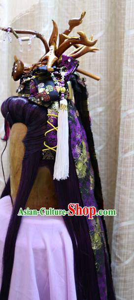Cosplay Dragon King Wig Sheath Handmade China Ancient Swordsman Prince Purple Wigs Style and Hair Accessories