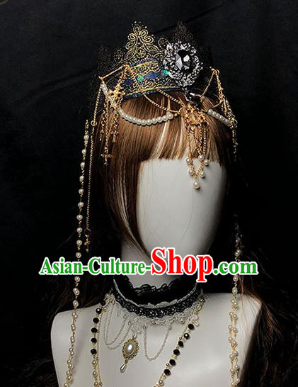 Handmade Gothic Bride Hair Accessories Headwear Halloween Cosplay Princess Deluxe Black Royal Crown
