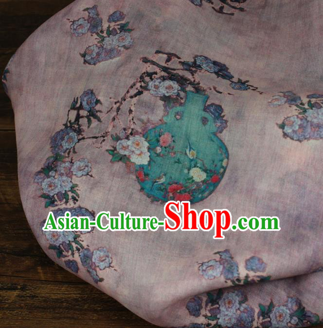 Chinese Traditional Linen Drapery Asian Qipao Dress Flax Cloth Printing Flowers Vase Pattern Lilac Ramine Fabric