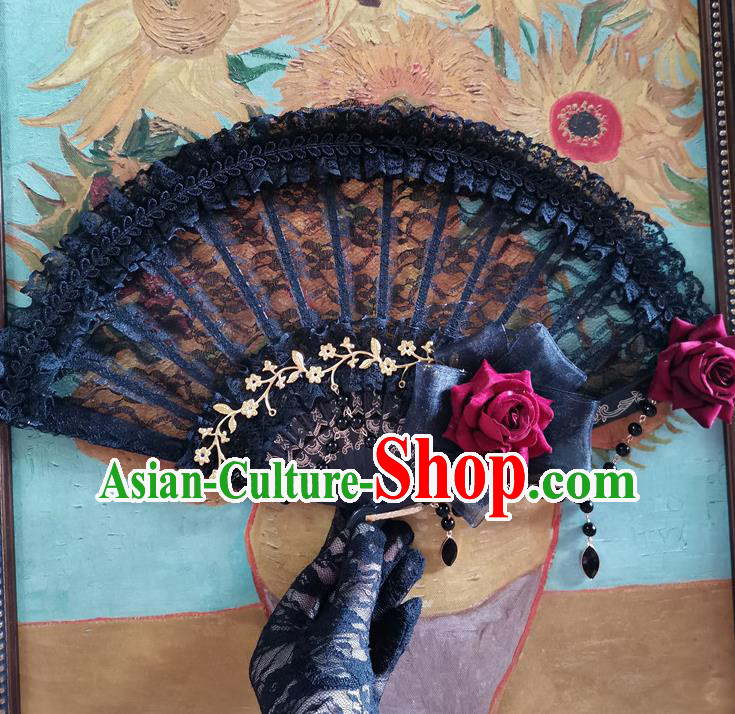 Classical Europe Court Retro Black Lace Fan Handmade Dance Folding Fans Gothic Red Rose Accordion