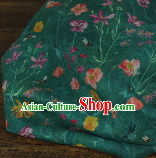 Chinese Traditional Green Linen Drapery Asian Qipao Dress Flax Cloth Printing Flowers Pattern Ramine Fabric
