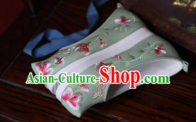 China Hanfu Shoes Princess Shoes Embroidered Butterfly Flowers Shoes Green Cloth Shoes Handmade Bow Shoes