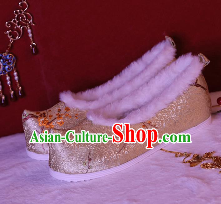 China Ancient Bow Shoes Ming Dynasty Princess Shoes Golden Brocade Shoes Handmade Winter Shoes Hanfu Shoes