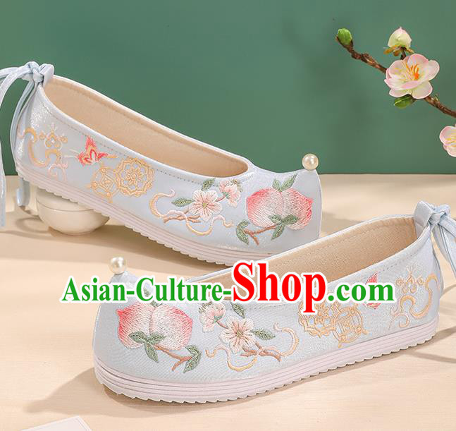 China Handmade Embroidered Peach Shoes Bride Shoes Hanfu Shoes Princess Shoes Light Blue Bow Shoes