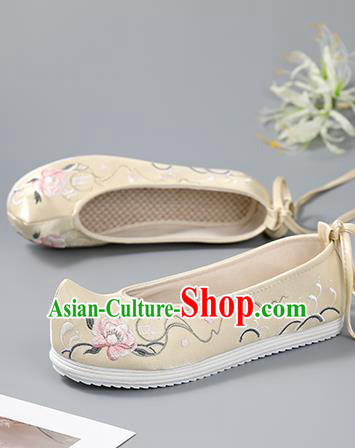 China Handmade Light Yellow Cloth Shoes Ancient Princess Bow Shoes Traditional Embroidered Shoes Hanfu Shoes