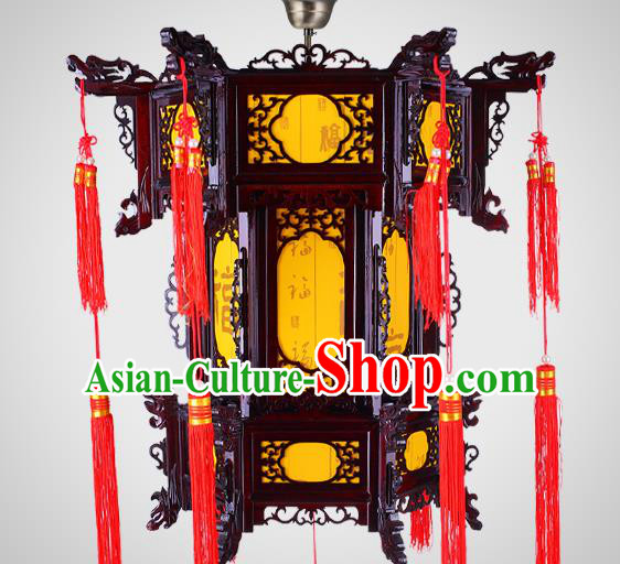 Chinese Classical Wood Lanterns New Year Yellow Lantern Traditional Hanging Lamp Handmade Hexagon Palace Lantern