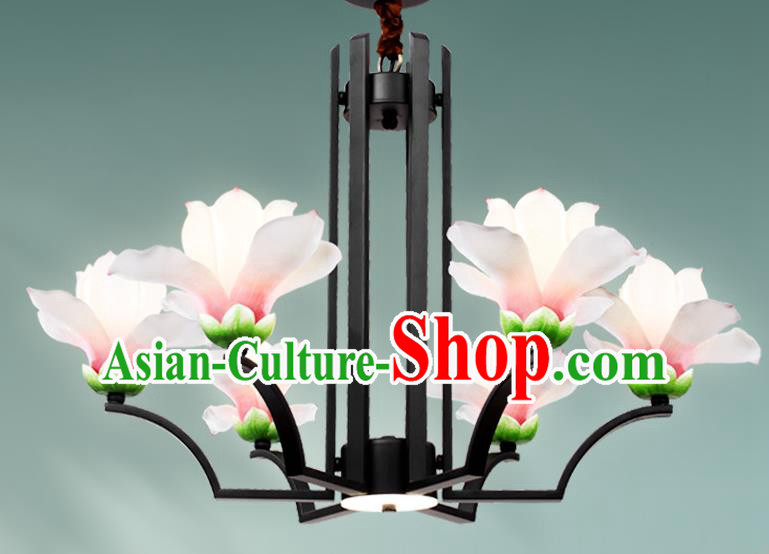 Chinese Traditional Ceiling Lantern Handmade Classical Six Pieces Light Lanterns Iron Art Living Room Mangnolia Lamp