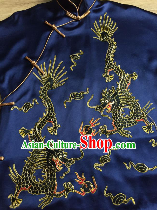 Chinese Court Embroidered Dragons Apparels Upper Outer Garment National Costume Tang Suit Navy Silk Jacket