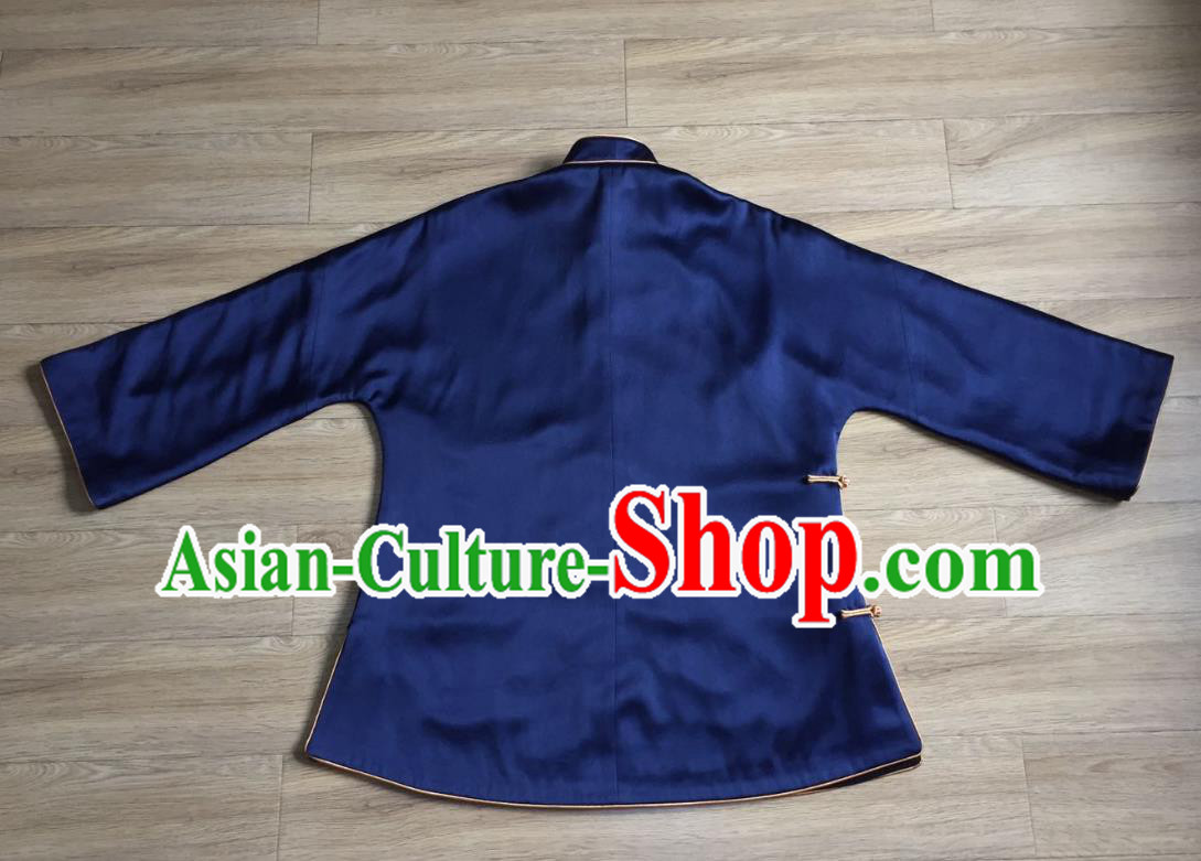 Chinese Court Embroidered Dragons Apparels Upper Outer Garment National Costume Tang Suit Navy Silk Jacket