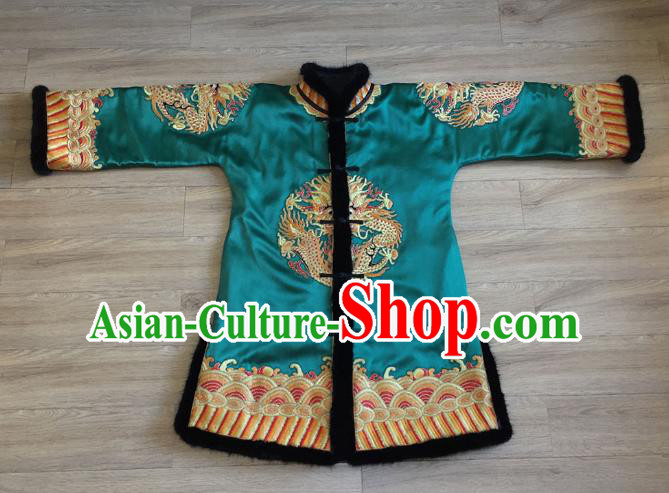 Chinese Embroidered Lion Blue Brocade Jacket Apparels Upper Outer Garment National Tang Suit Winter Costume