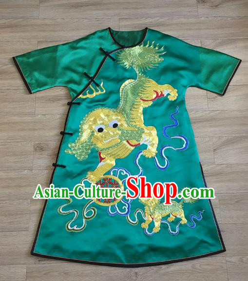 China Embroidered Lion Green Silk Qipao Dress Tang Suit Cheongsam Women National Clothing