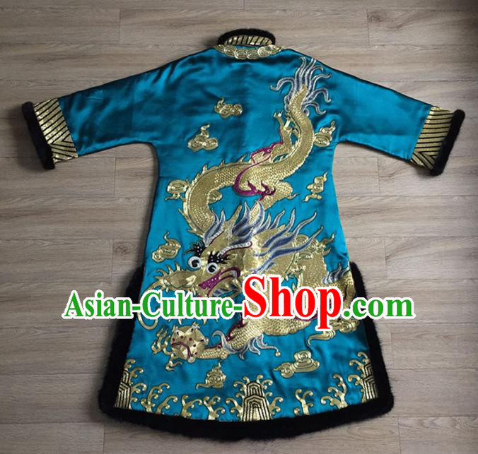 Chinese Blue Silk Jacket Apparels Upper Outer Garment National Tang Suit Winter Cotton Padded Costume