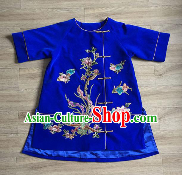 Chinese Embroidered Phoenix Peony Royalblue Silk Jacket Tang Suit Upper Outer Garment Apparels National Costume