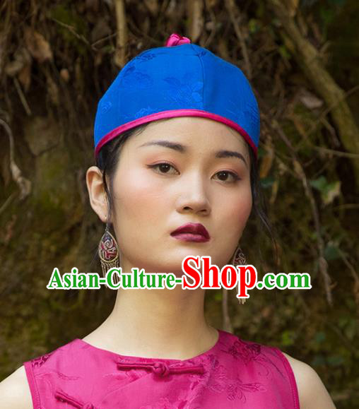 China National Ethnic Blue Brocade Hat Women Ancient Landlord Blue Headwear