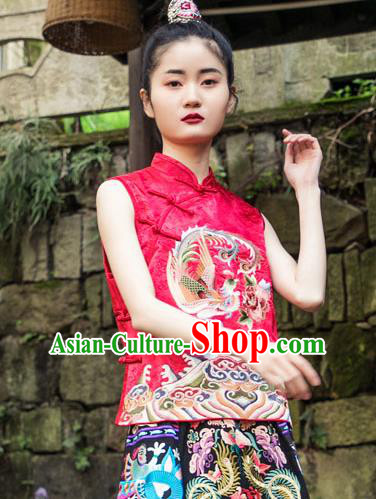 China National Clothing Rosy Brocade Shirt Tang Suit Embroidery Phoenix Peony Blouse for Women