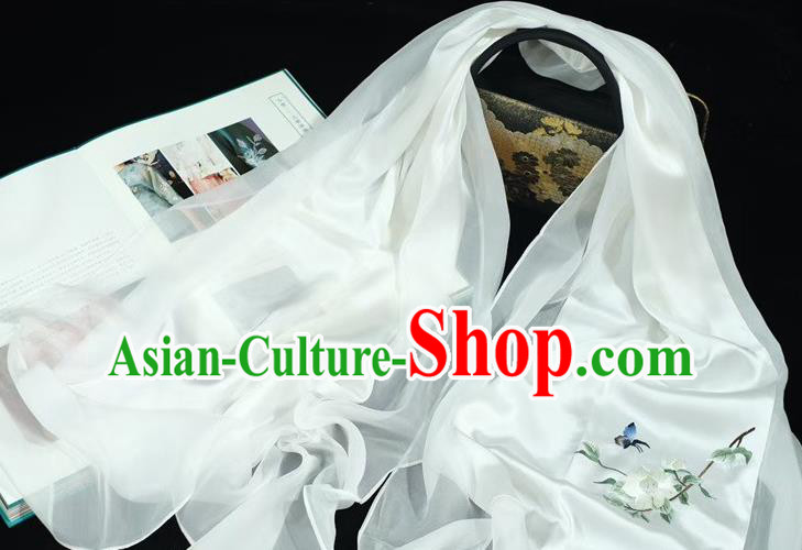 China White Silk Scarf Traditional Exquisite Embroidered Tippet Mother Cappa Suzhou Embroidery Craft