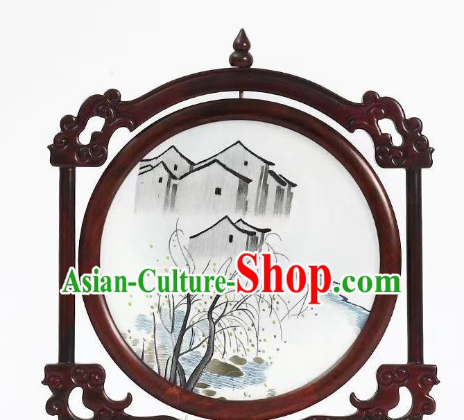 China Handmade Wood Carving Suzhou Embroidery Desk Screen Embroidered Craft Traditional Village Scene Painting Table Screen