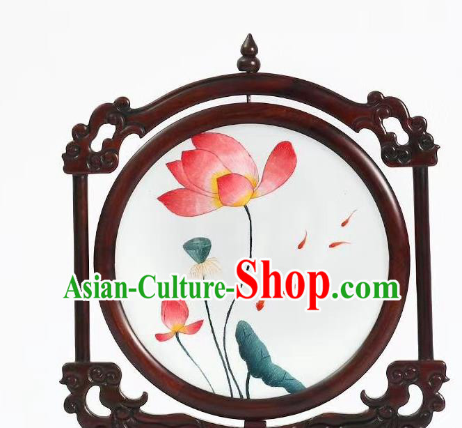 China Handmade Rosewood Desk Screen Suzhou Embroidery Craft Lotus Painting Table Screen